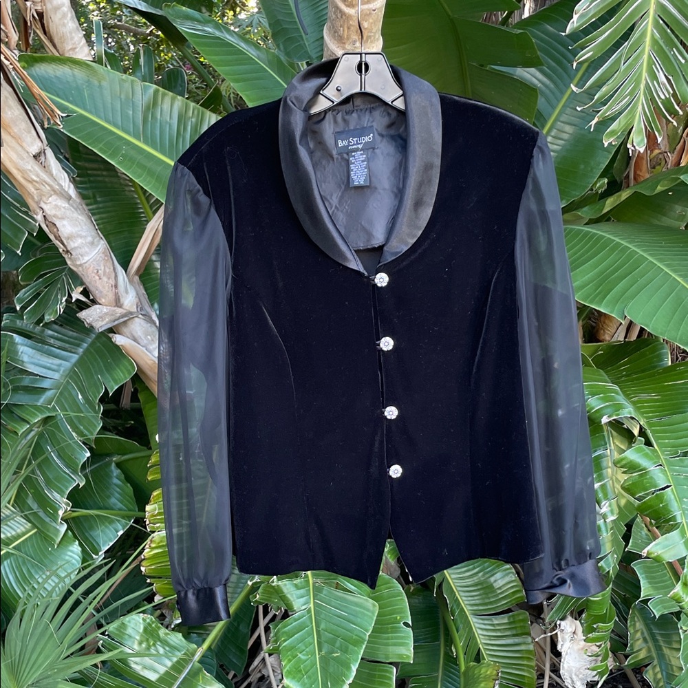 velvet tuxedo jacket with sheer puff sleeves and rhinestone buttons